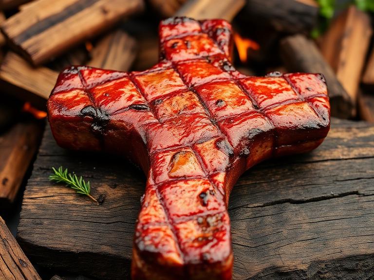Grilled steak shaped like a cross