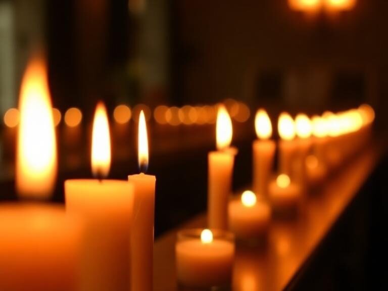 Row of lit candles glowing softly