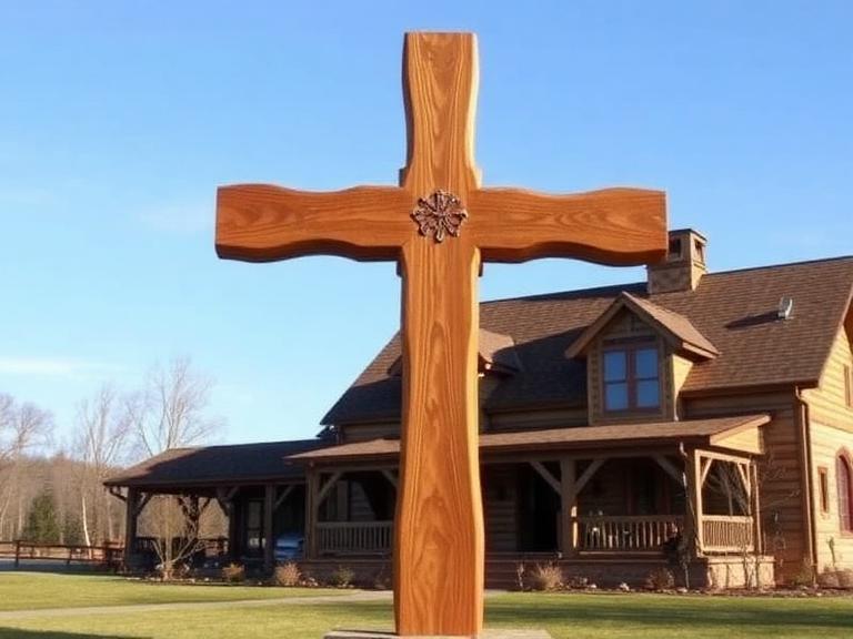 Christian Yard Cross in front of a rural house