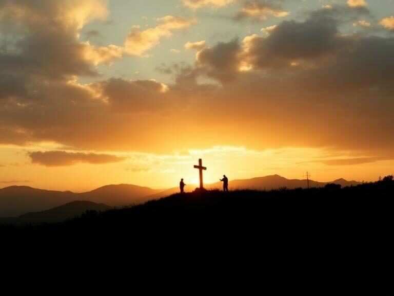 Silhouette of cross on top of mountain at sunset
