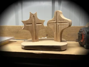 Two wooden crosses on display