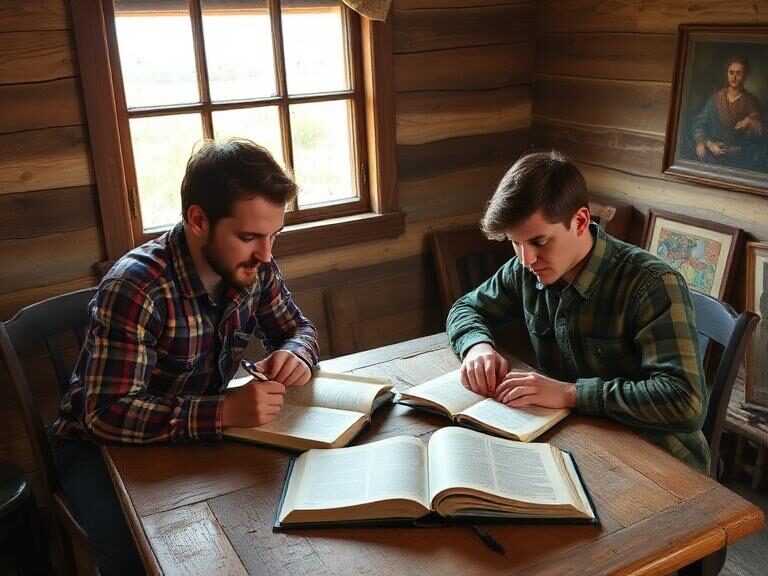 Two men studying at a table and reading books