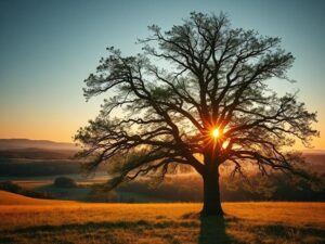 Sunrise behind a majestic walnut tree