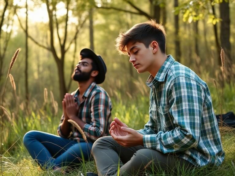 Two men praying and meditating in nature.